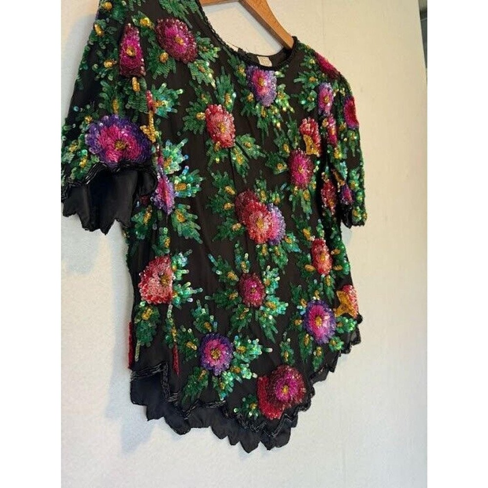 Laurence Kazar Beaded Top Womens‎ Size PM Silk Floral Vintage Zip Up - Picture 7 of 15
